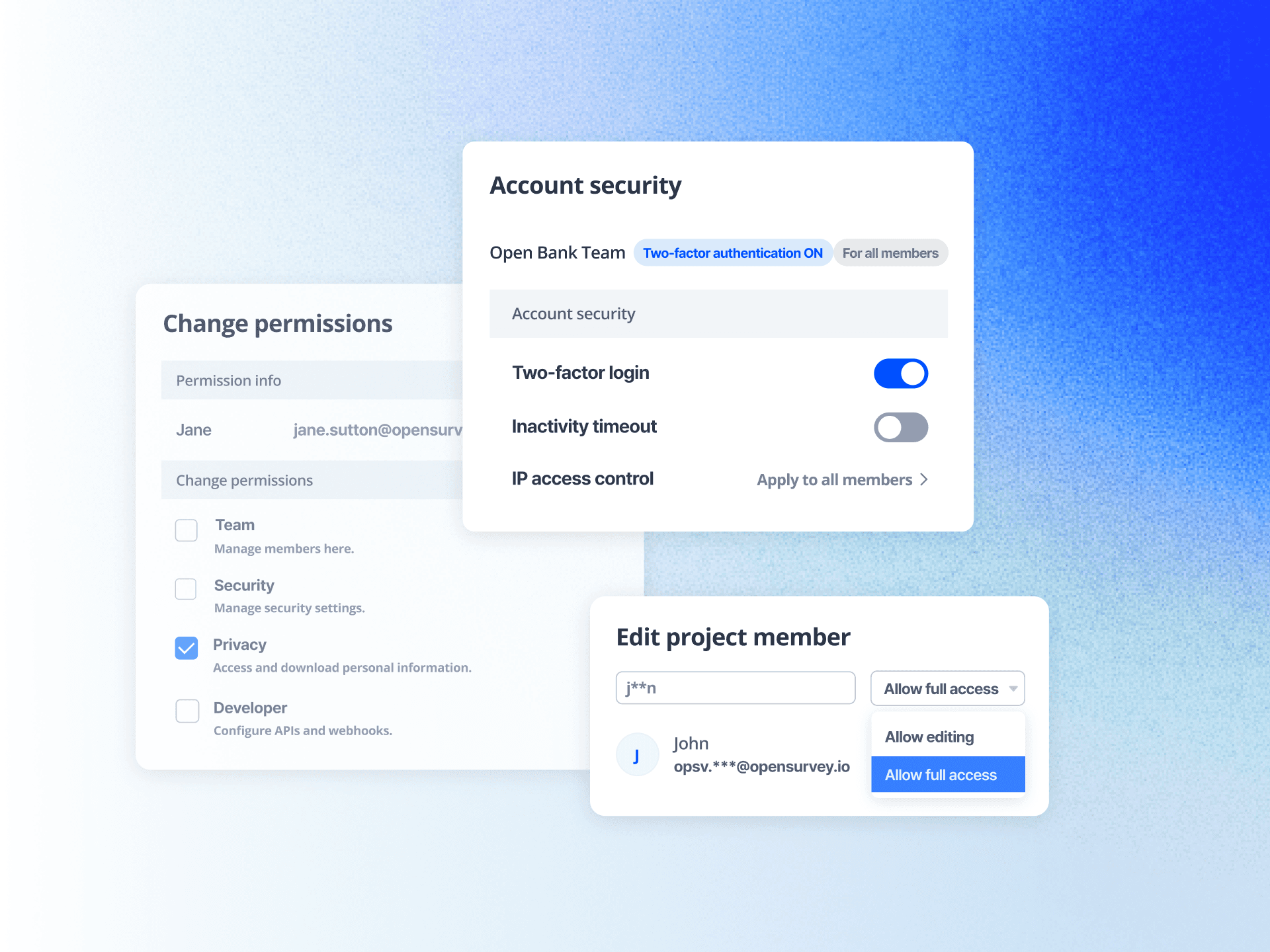 UI mockup showcasing user profile settings with input fields and buttons, set against a blue gradient background.
