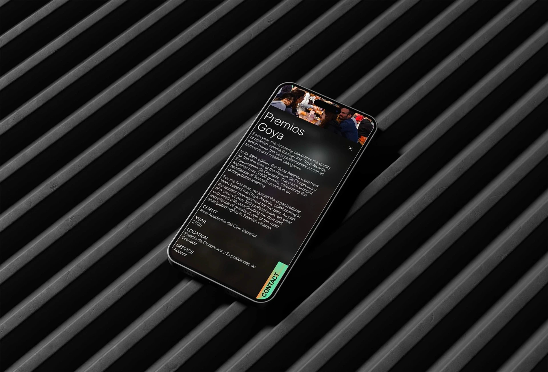 Goya Awards page on phone. Hire graphic designer Barcelona for brand identity.