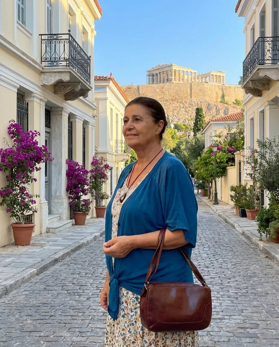 Elderly Greek woman in an Athens urban setting.