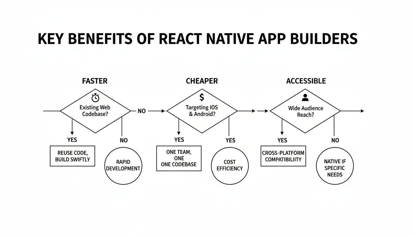 Flowchart outlining key benefits of React Native app builders, covering faster development, cost efficiency, and wider audience reach.