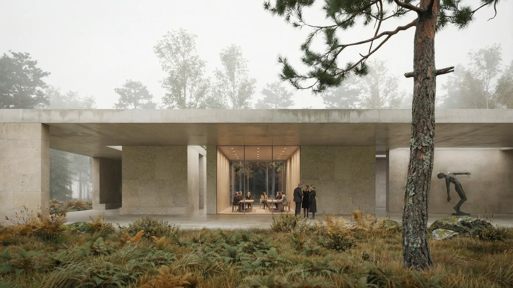 Glass facade reflecting woodland — Loenen Pavilion by KAAN Architecten