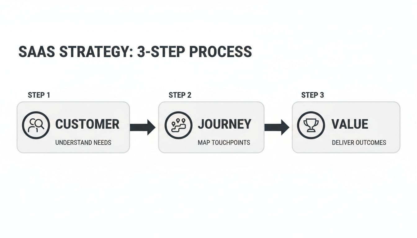 A 3-step SaaS strategy diagram showing Customer, Journey, and Value steps.