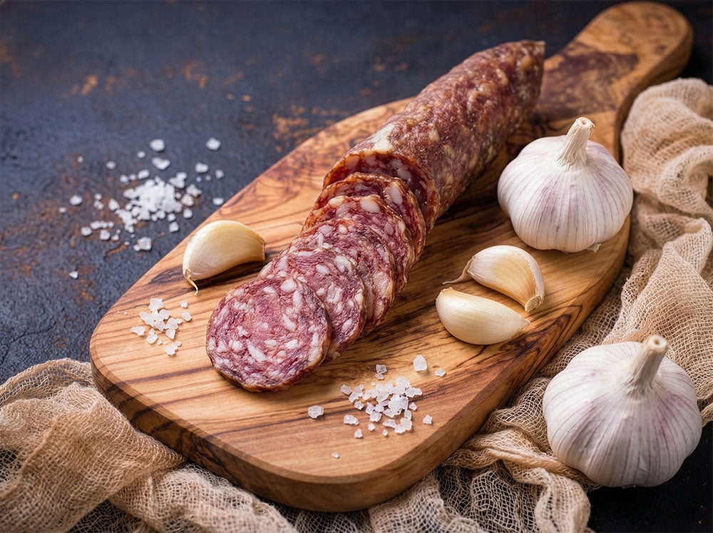 Calabrese salami on a wooden board with garlic and salt from Porcellino Artisanal Meats in Lakewood, CO.