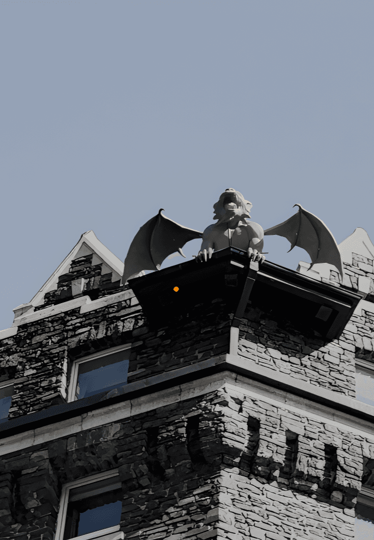 A low-angle shot shows a stone gargoyle perched on the corner of a grand, gothic-style building