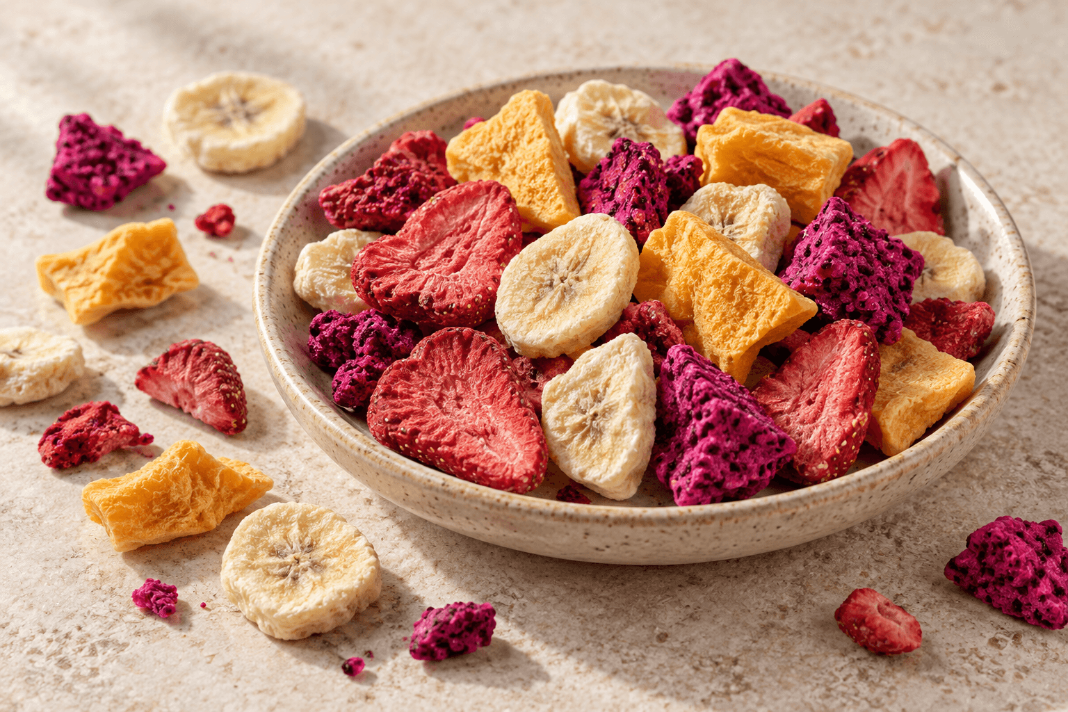 Gefriergetrocknete Erdbeeren, Bananenscheiben und Fruchtstücke in einer Schale – Snackideen und Fruchtpulver.