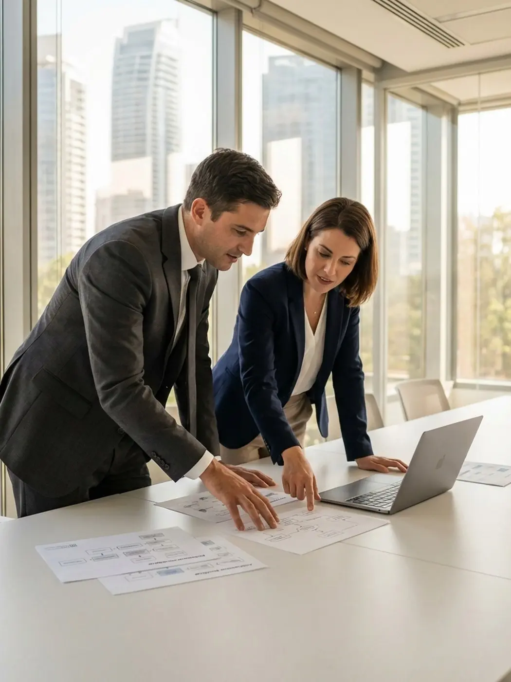 Two professionals reviewing documents at a table.