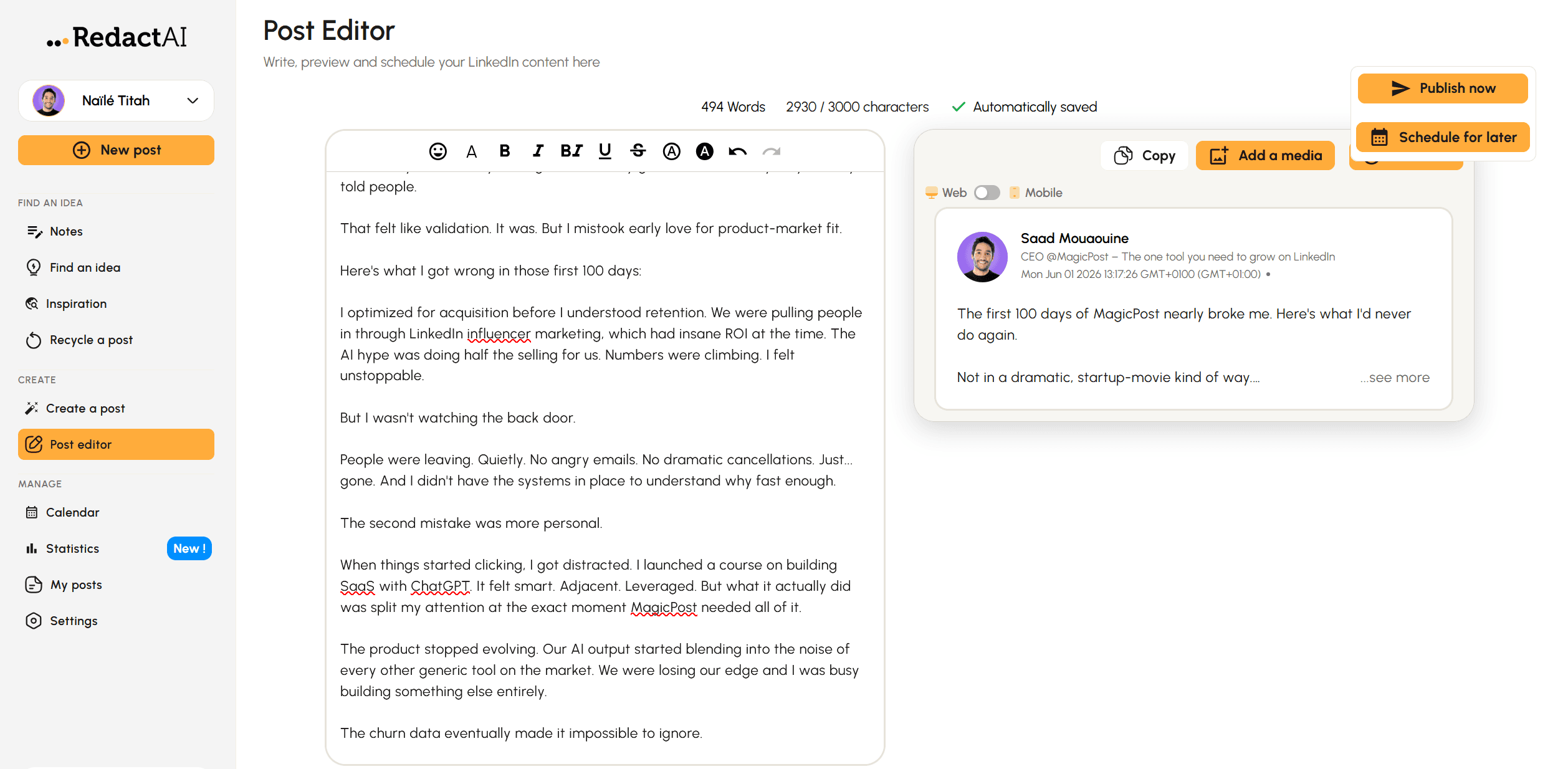 RedactAI's LinkedIn post editor