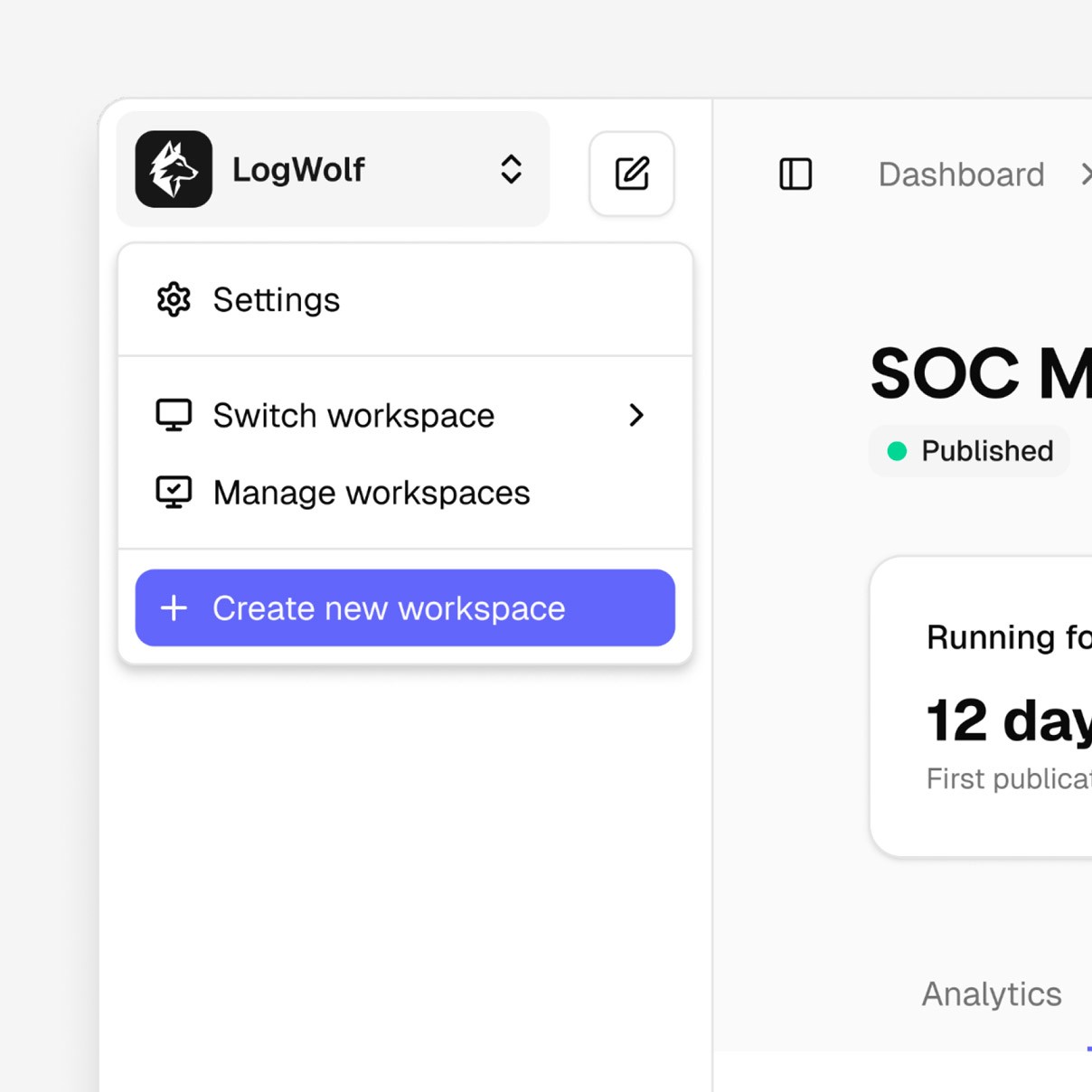 Tinct workspace switcher menu showing options to switch workspace, manage workspaces, and create a new workspace, with a campaign dashboard visible in the background.