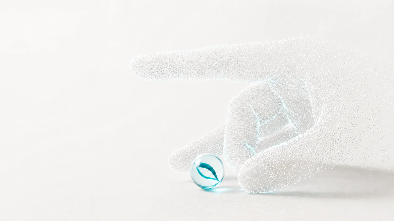 Sparse white-particle hand aiming the GoMarble glass marble with an authentic thumb-flick gesture