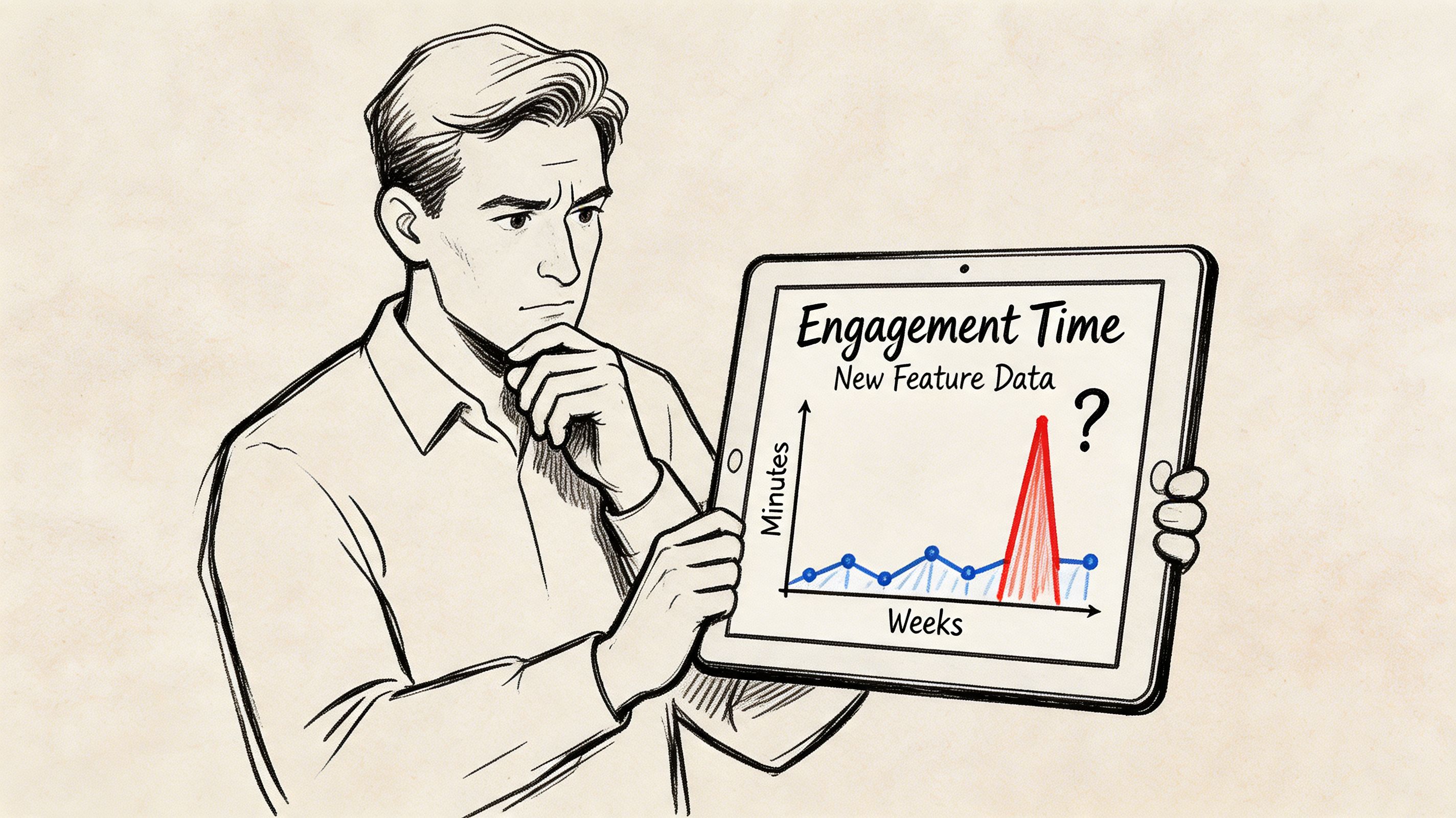 A sketched man examining a tablet displaying a line graph with an unexplained, sharp spike in data.