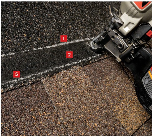 GAF photograph of a roofing nailer positioned at the marked StrikeZone nailing area.
