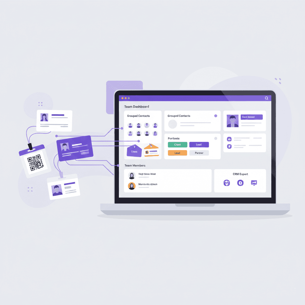 Event business cards and badge scans flowing into a team dashboard and converting into revenue