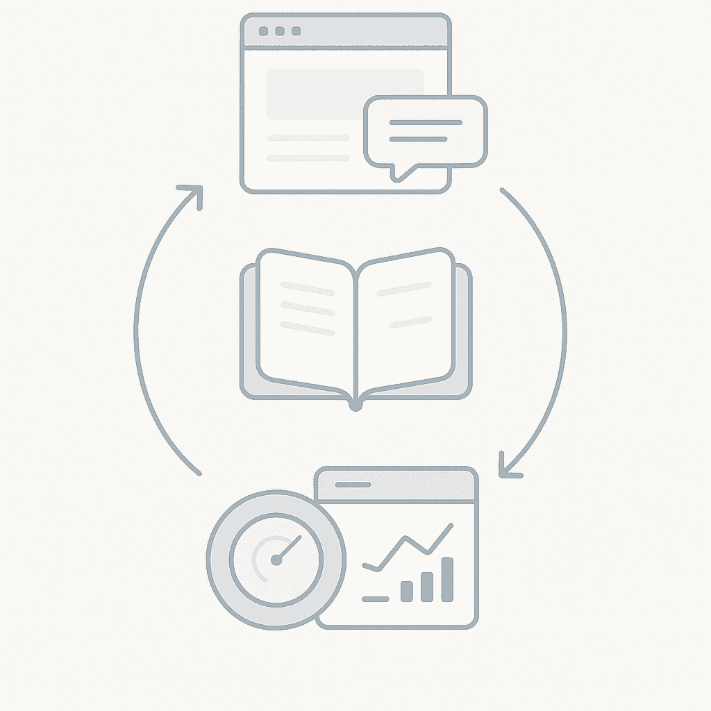 Three-step flow illustrates schema markup, concise answer creation, and AI visibility monitoring pipeline.