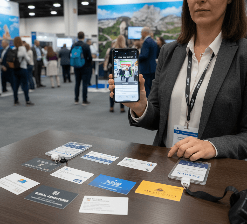 Trade show attendee scanning business cards and trade show badges at Holiday Expo Coimbatore 2026 using Habsy business card scanner to capture Travel and Tourism leads and enable Day-1 follow-ups.