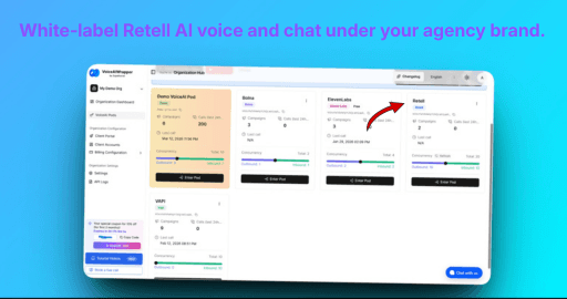 Retell AI voice hero with white-label agency branding, auto-syncing agents tools and numbers, fixed monthly fee with full margin retention | VoiceAIWrapper.