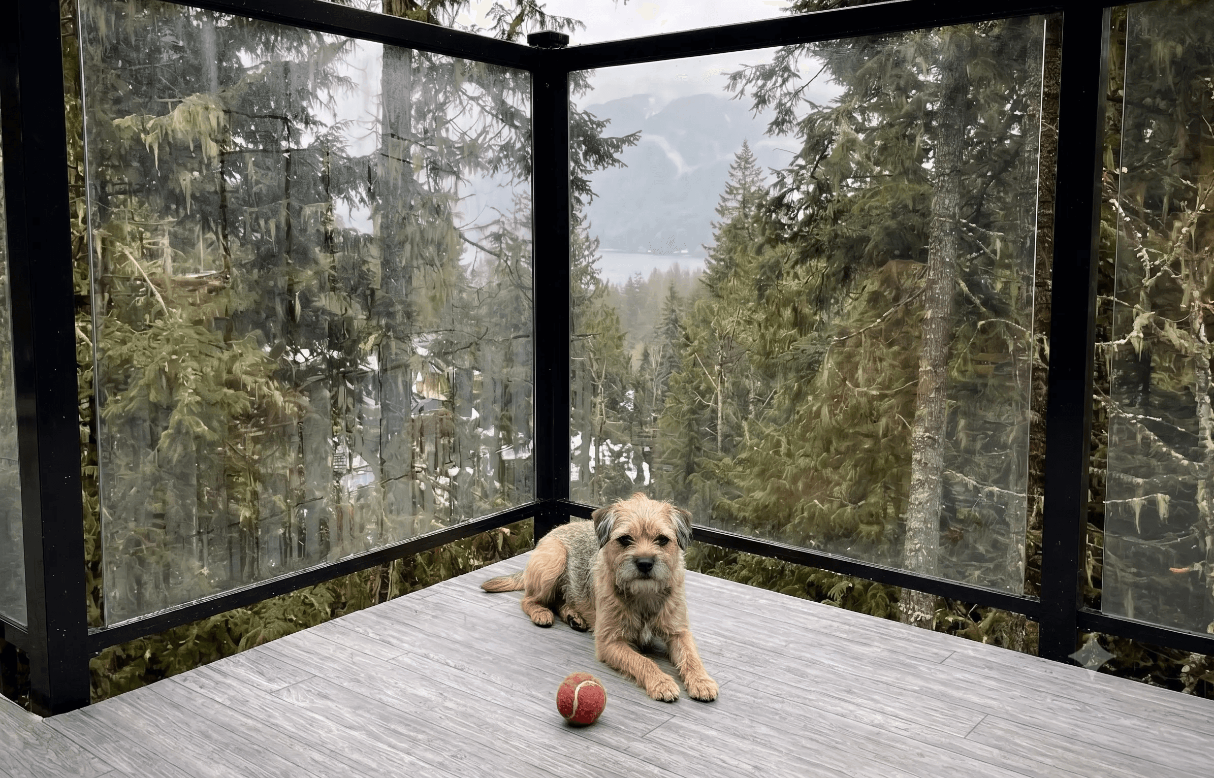 A small scruffy terrier dog lying on a gray wooden deck next to a red ball, safely enclosed by a modern black-framed glass railing overlooking a dense, misty evergreen forest.