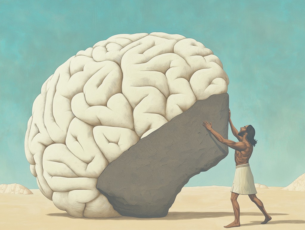 An illustration of a person pushing a rock with brain shape