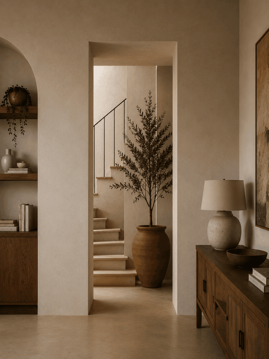 Warm minimalist Mediterranean-Japanese hallway interior