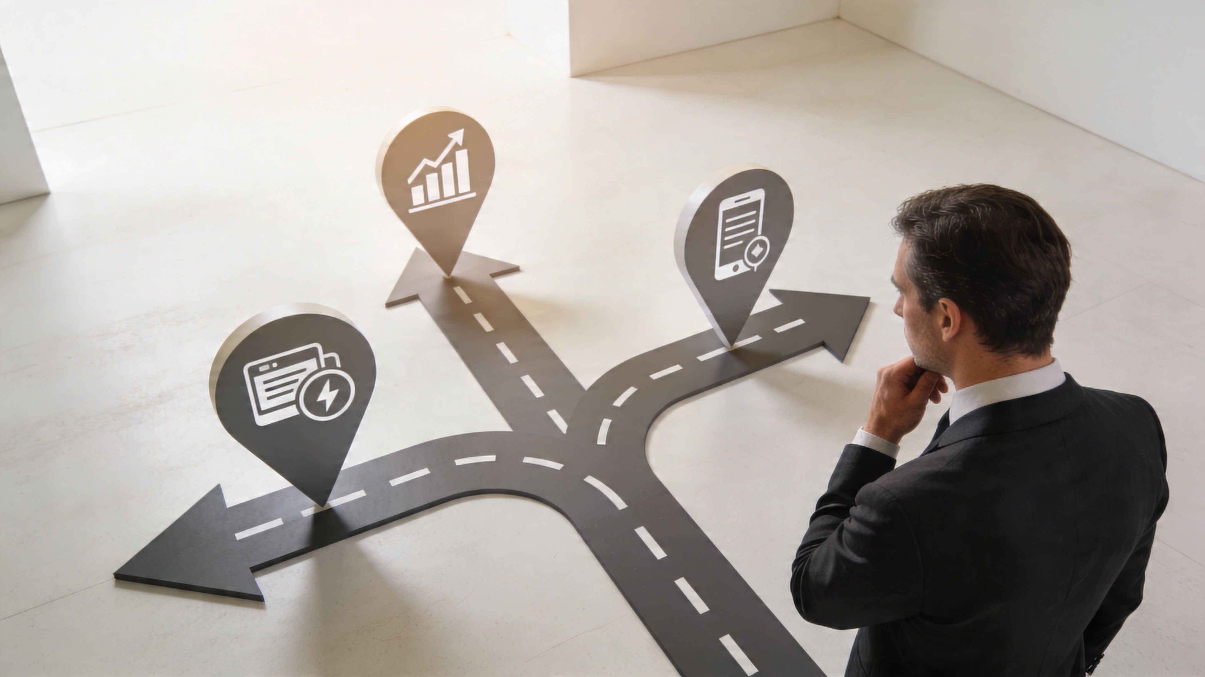 Ein Geschäftsmann im Anzug steht vor einer Weggabelung mit Symbolen für geschäftliche Entscheidungen und strategische Planung.
