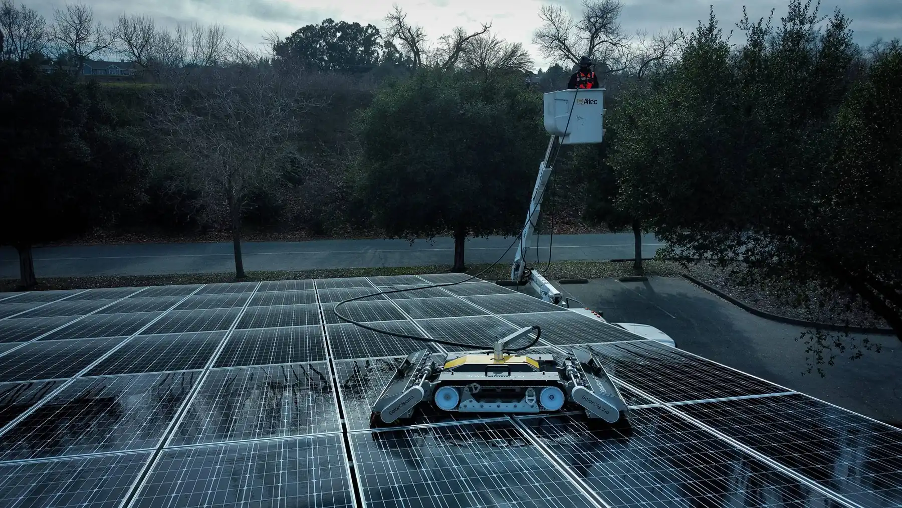 Robotic cleaner on a commercial carport solar array | Premier Solar Service, serving Central Valley, CA