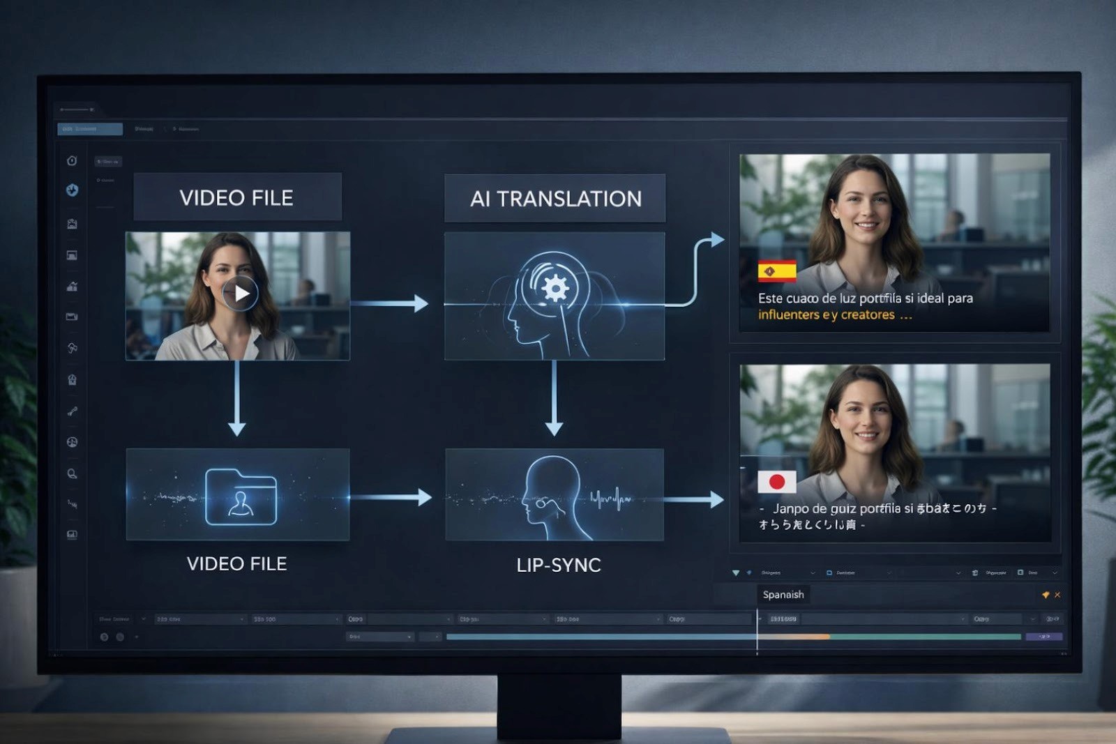 AI dubbing workflow interface showing video file upload, AI translation process and lip-sync output in multiple languages
