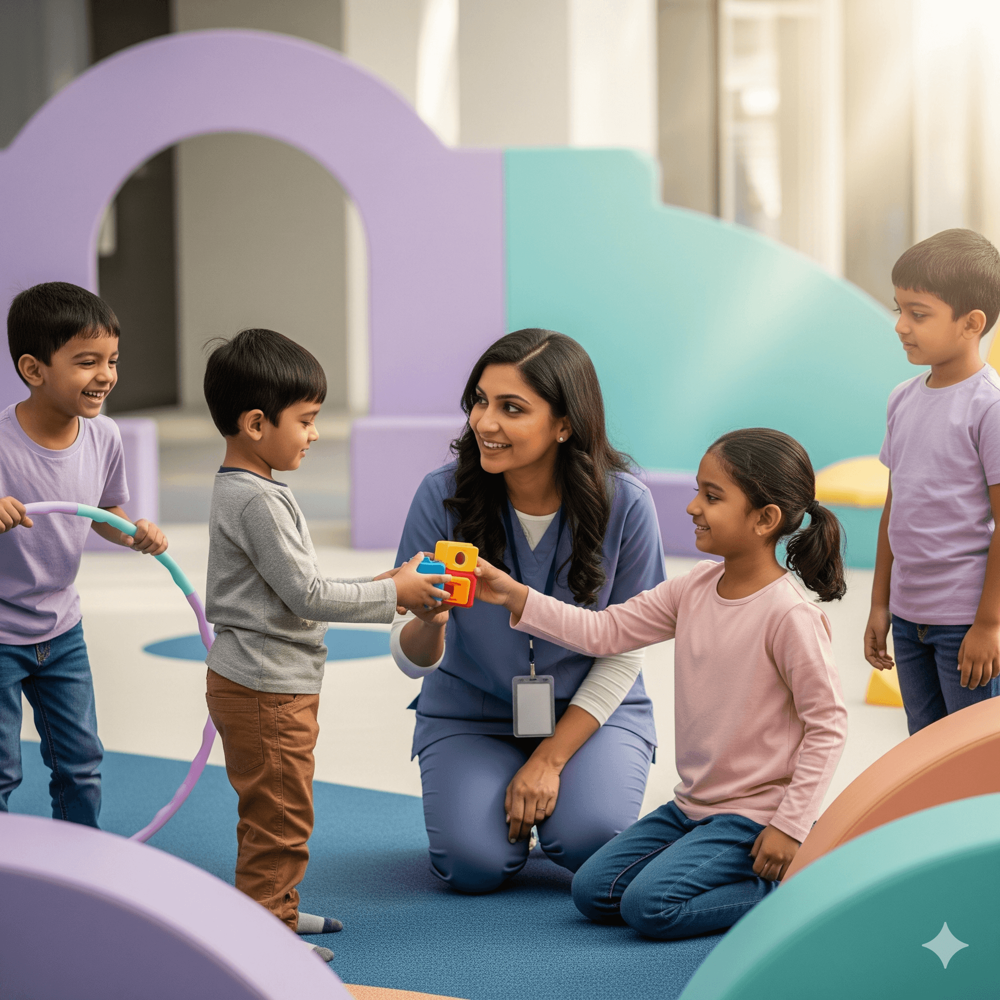 Child psychologist guiding kids in social learning and peer interaction