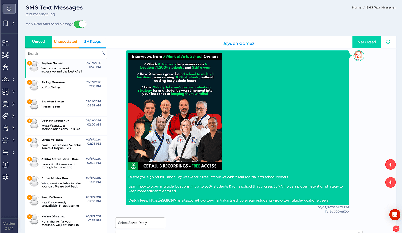 Spark SMS log showing a martial arts school promotion