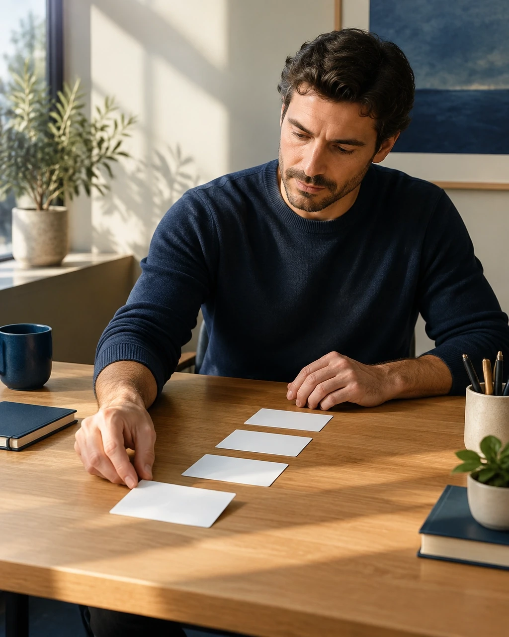 A man arranging blank cards into a clear path at a simple desk