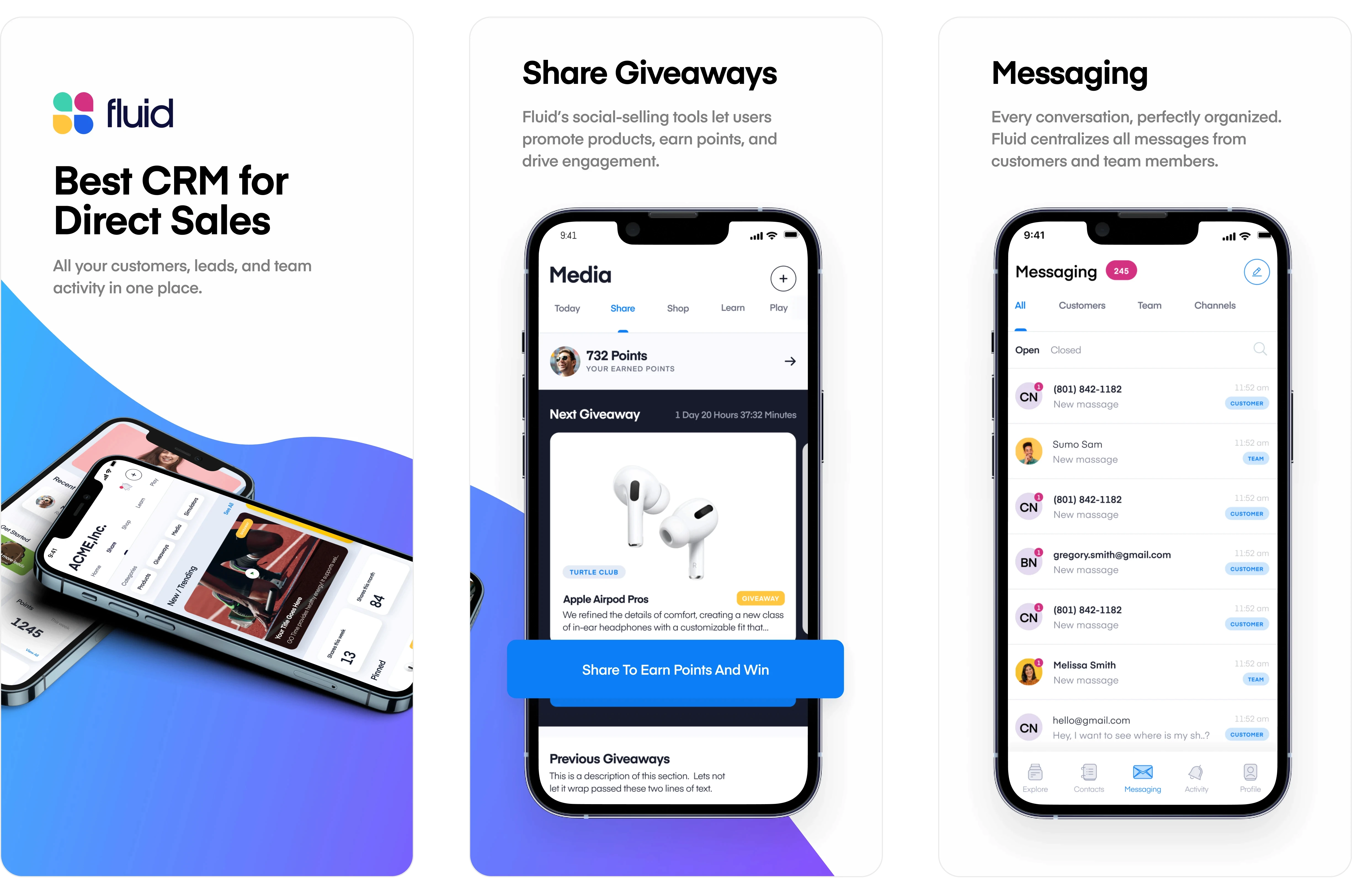 Fluid CRM app store showcase featuring multiple screens: a promotional banner for ‘Best CRM for Direct Sales,’ a giveaway-sharing interface for social selling, and a messaging screen with organized customer and team conversations — all demonstrating Fluid’s modern tools for direct sales and network marketing.