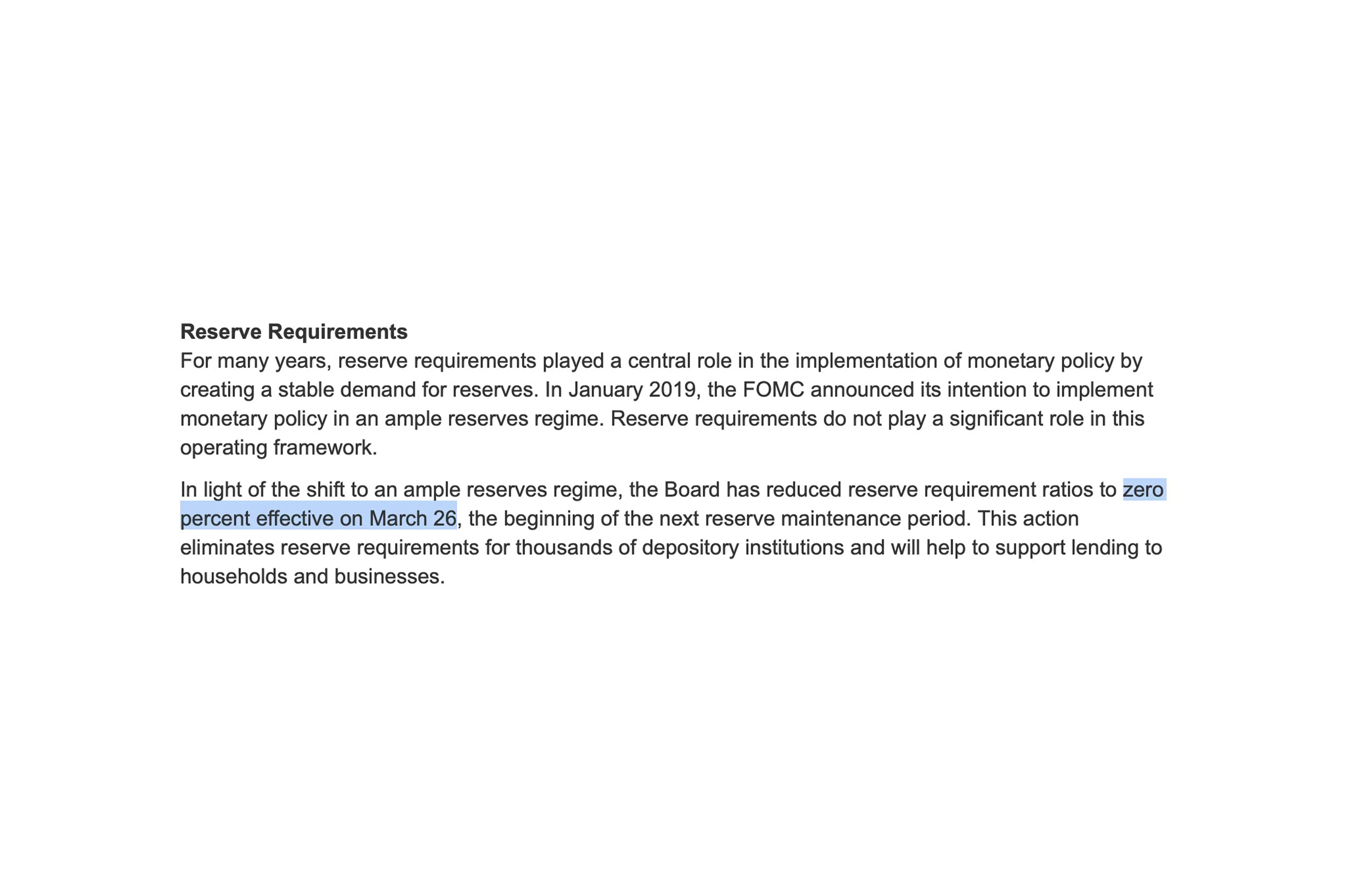  "How the Traditional Financial System Compares" — zero reserve requirements bullet Caption: Federal Reserve Board reduces reserve requirement ratios to zero percent, effective March 26, 2020. Source: federalreserve.gov