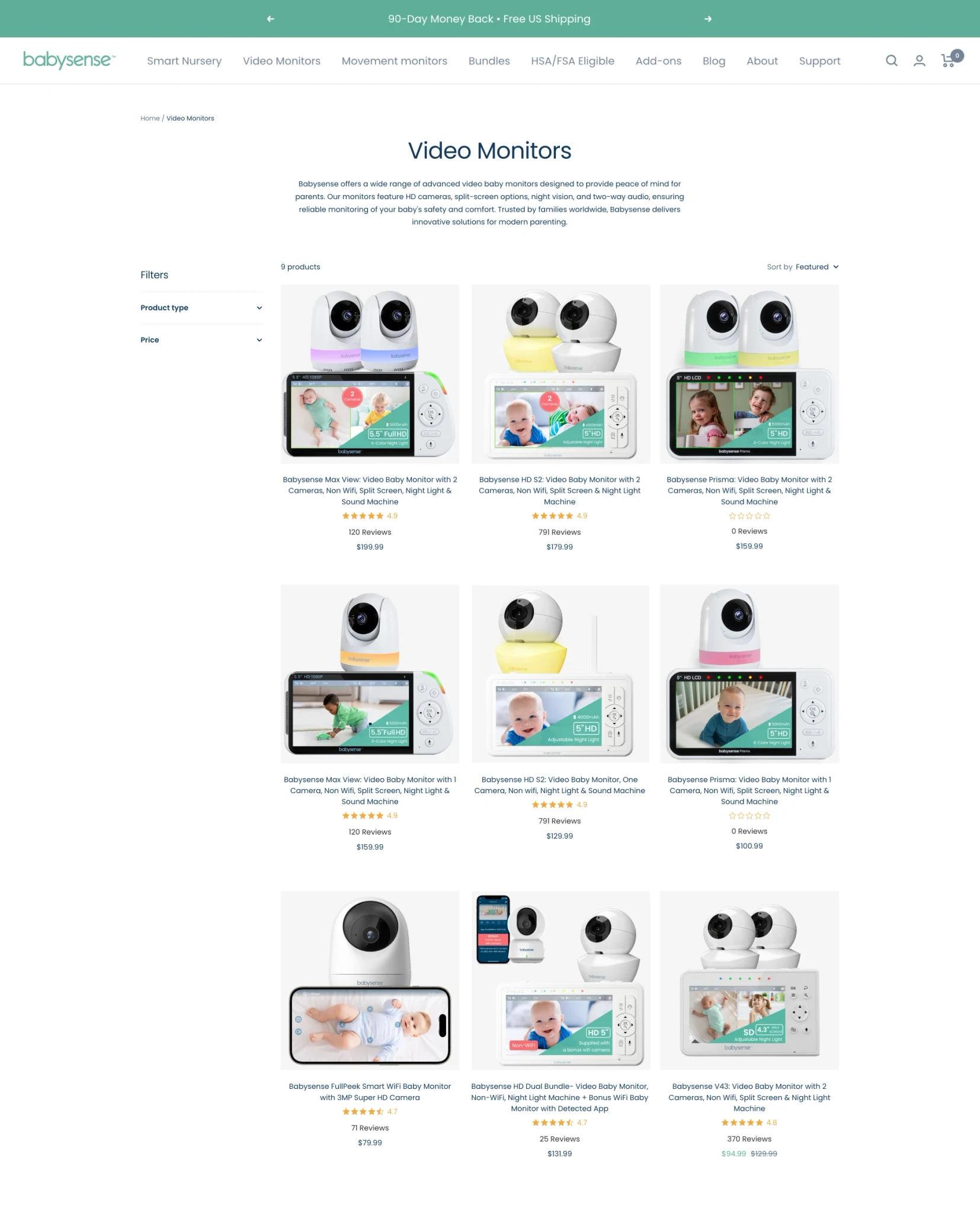 babysense e-commerce store website video monitors catalog page