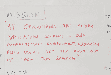 whiteboard with the mission of workray in quotes - By organising the entire application journey in one comprehencive environment, Workray helps users get the most out of their job search"