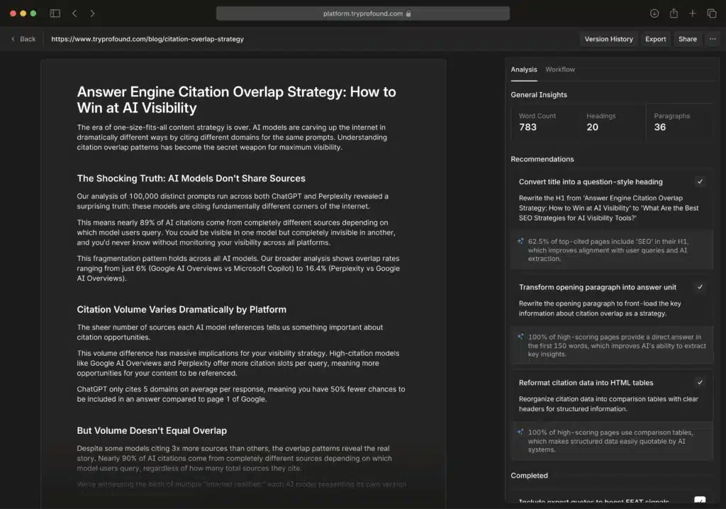 Profound platform's content drafting tool displaying AI visibility blog post with citation overlap insights and optimization recommendations