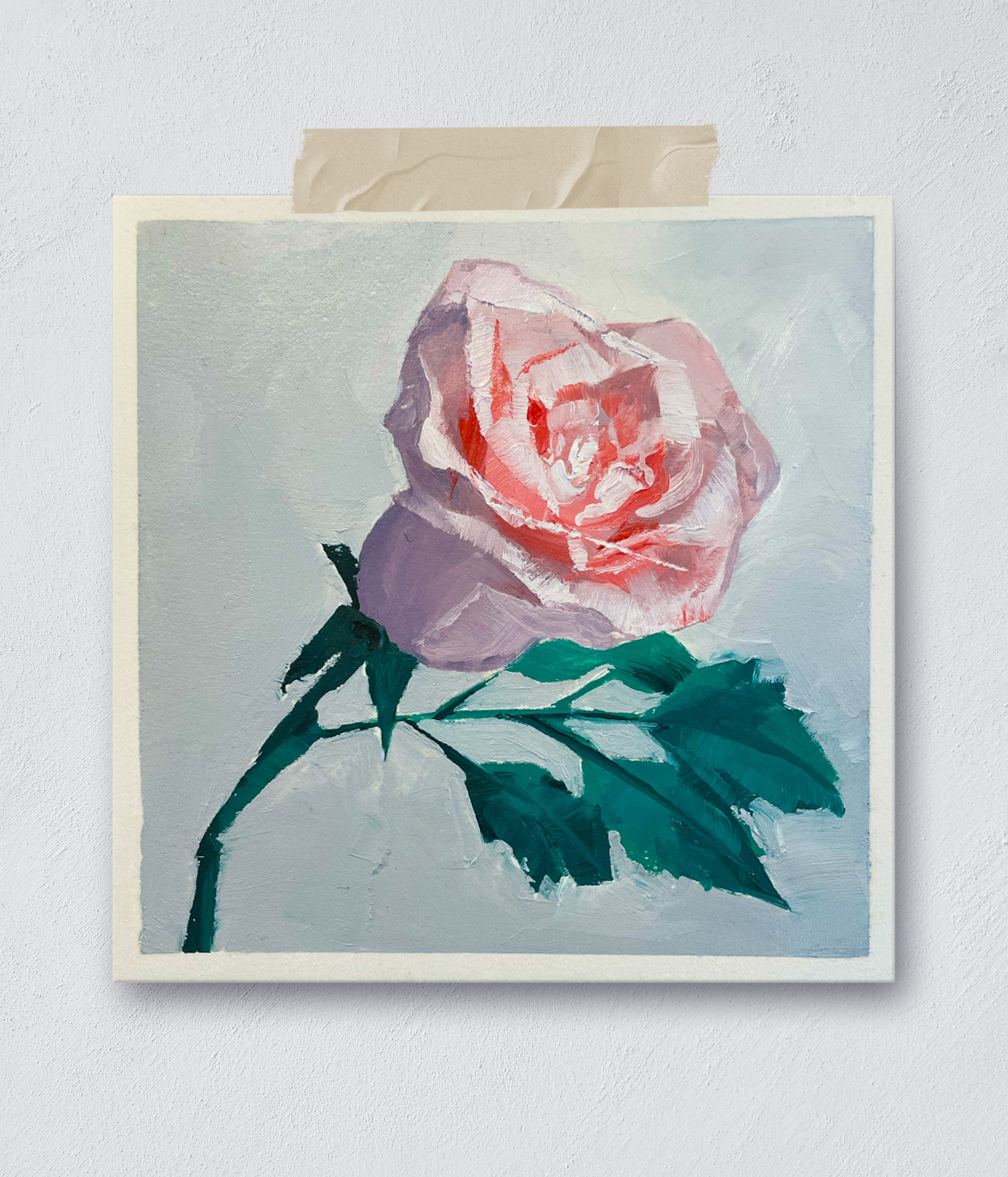 Small oil painting showcasing a light-pink rose