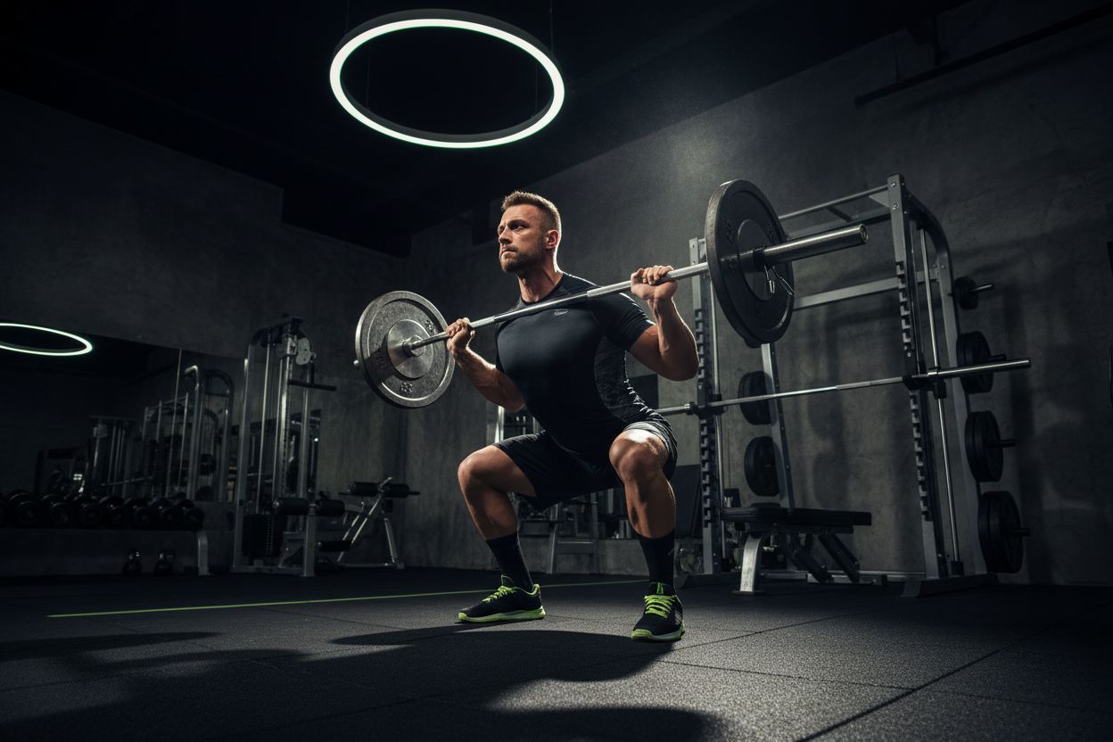 Person performing barbell squat during full body workout