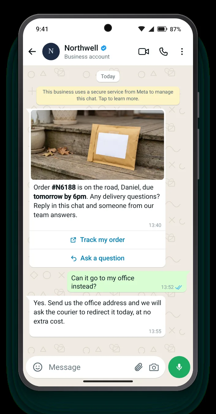 Delivery questions, handled by reply: WhatsApp shipping update on an Android phone