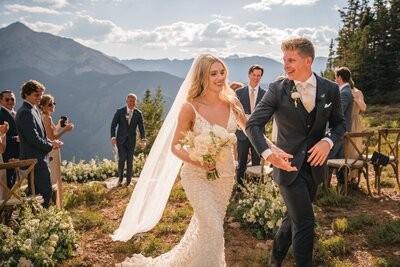 The newlyweds smile as they walk back down the outdoor ceremony aisle.