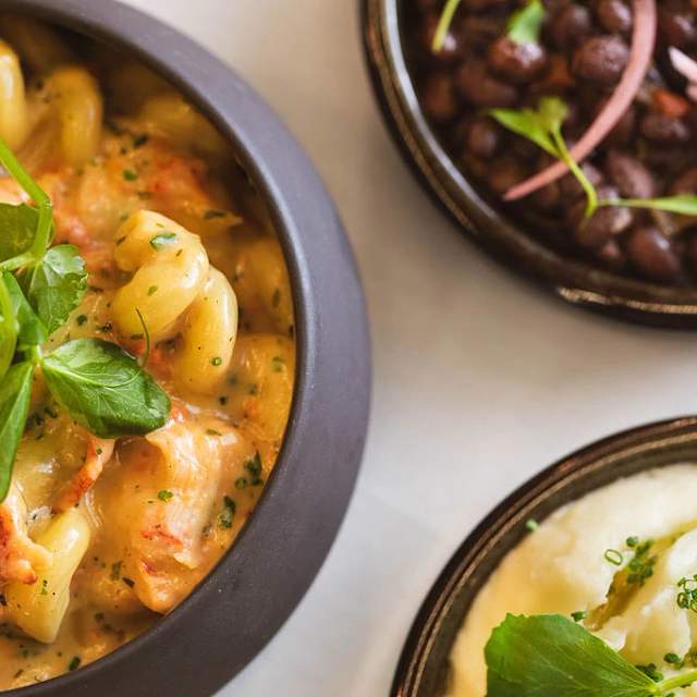 Close-up view of a restaurant meal: creamy pasta in a dark bowl, black beans in another bowl, and mashed potatoes in a third bowl.