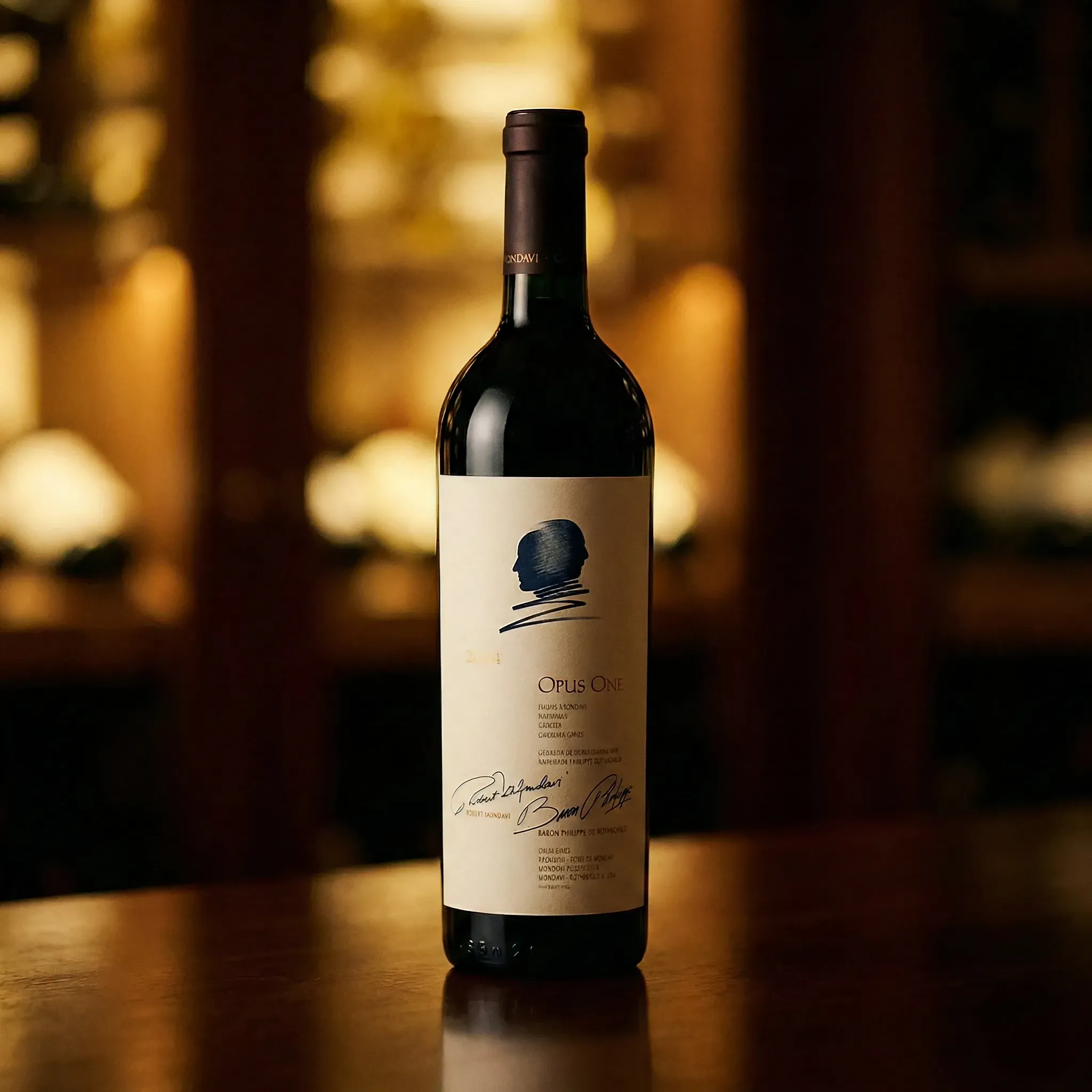 A wine bottle with an elegant label stands on a wooden surface. The background is softly blurred and warmly lit, creating a sophisticated ambiance.