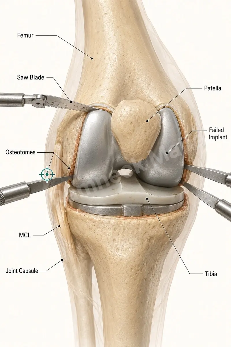 Surgical removal of a failed knee implant with saw blade and osteotomes - the first phase of revision knee replacement.