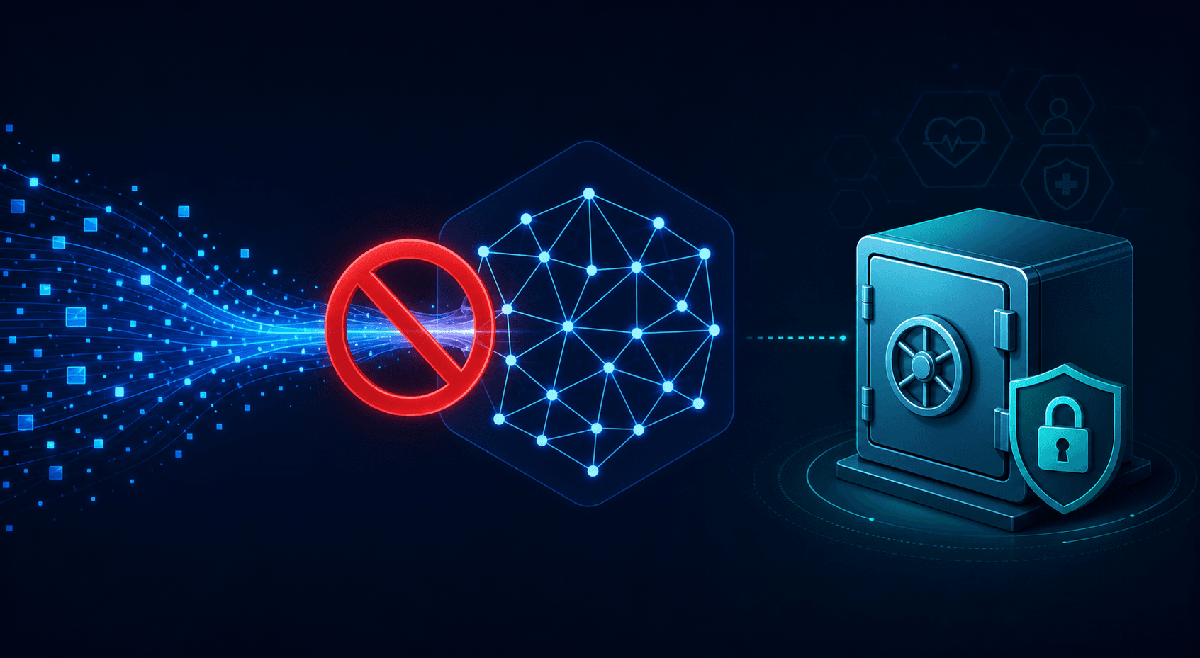 A professional digital illustration showing a stylized data flow diagram on a dark navy background. On the left, a glowing blue stream of abstract data particles flows into a central AI model represented as a geometric neural network node. A bold red prohibition symbol overlays the data stream entering the model, indicating blocked access. On the right, separate locked vault icon in teal with a padlock, representing protected health information storage. Clean minimal corporate aesthetic with soft glowing lines and geometric shapes, healthcare compliance theme.