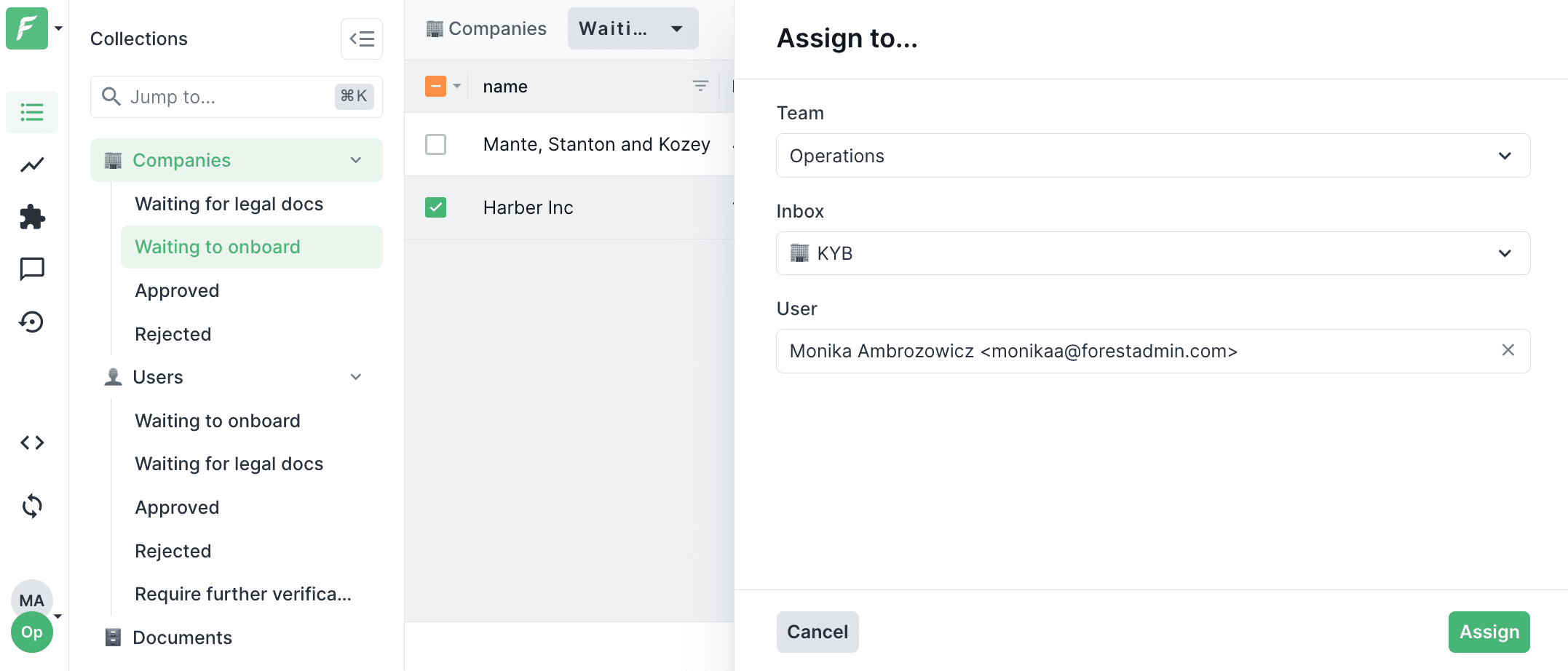 A screenshot from Forest Admin presenting assigning a task to a team member