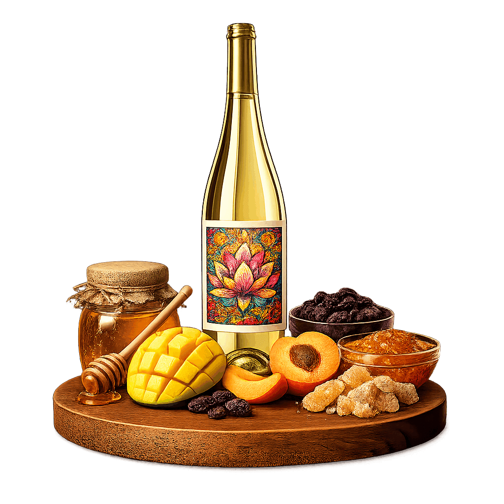 Artistic label and flavor profile for Indian Dessert Wine on a rustic wooden table.