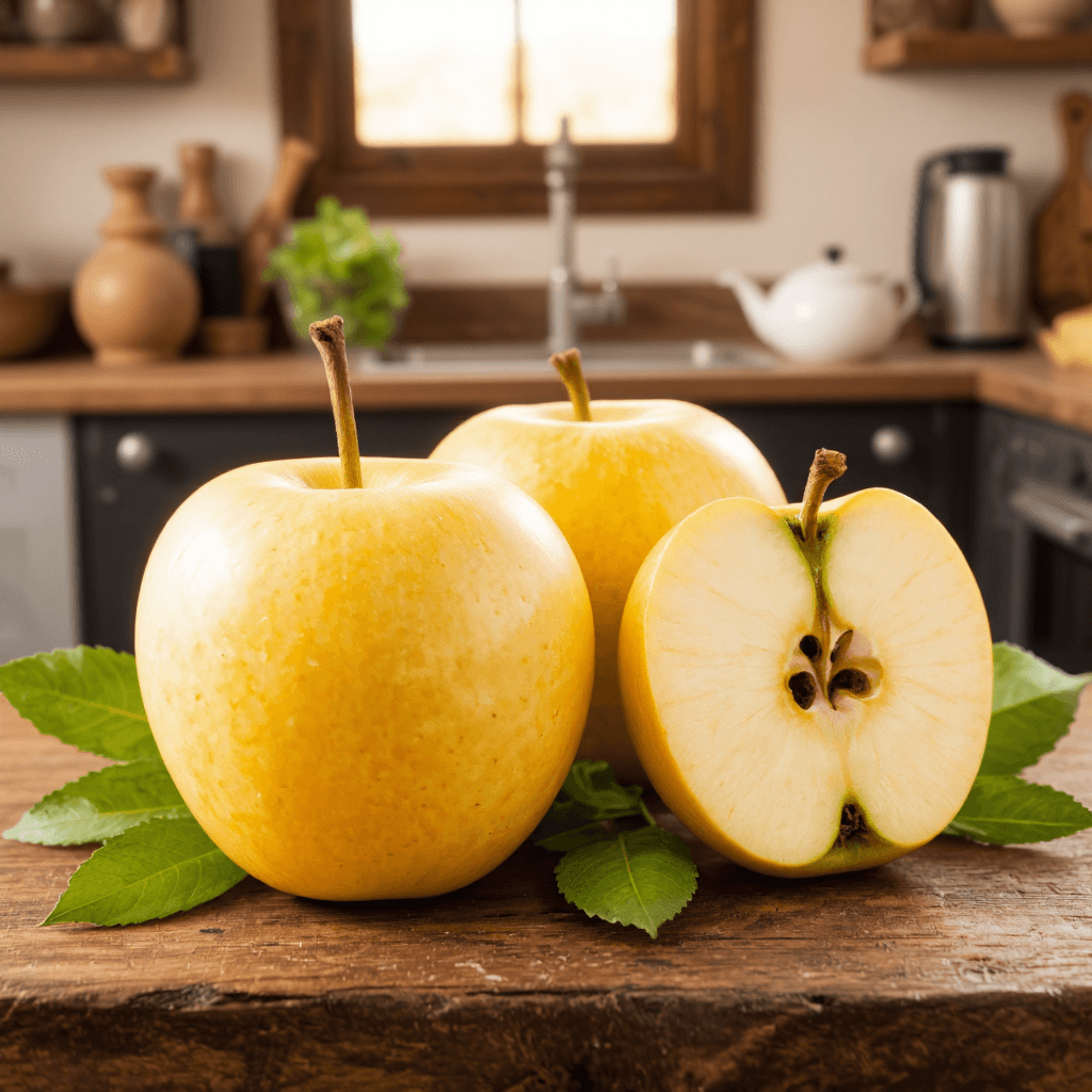 product photography of a pair of yellow apples with one sliced in half