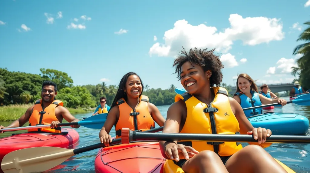 Family kayaking adventure in Florida waters with flamingos