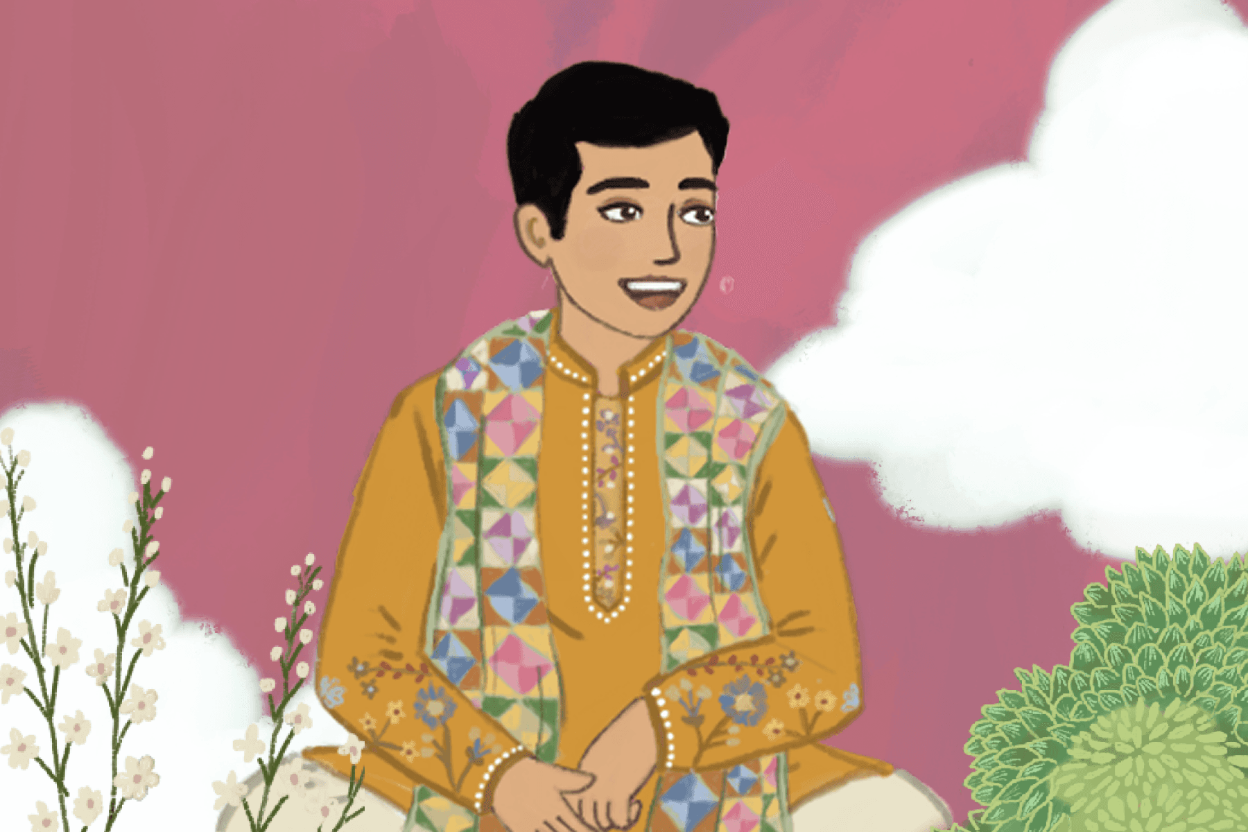 A gold charm necklace with small coin pendants laid across a brown book and white fabric.