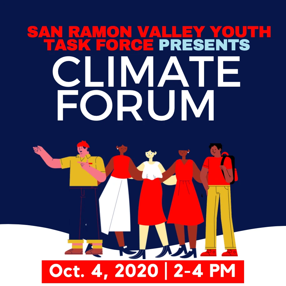 A blue image with cartoon people reading Climate Forum