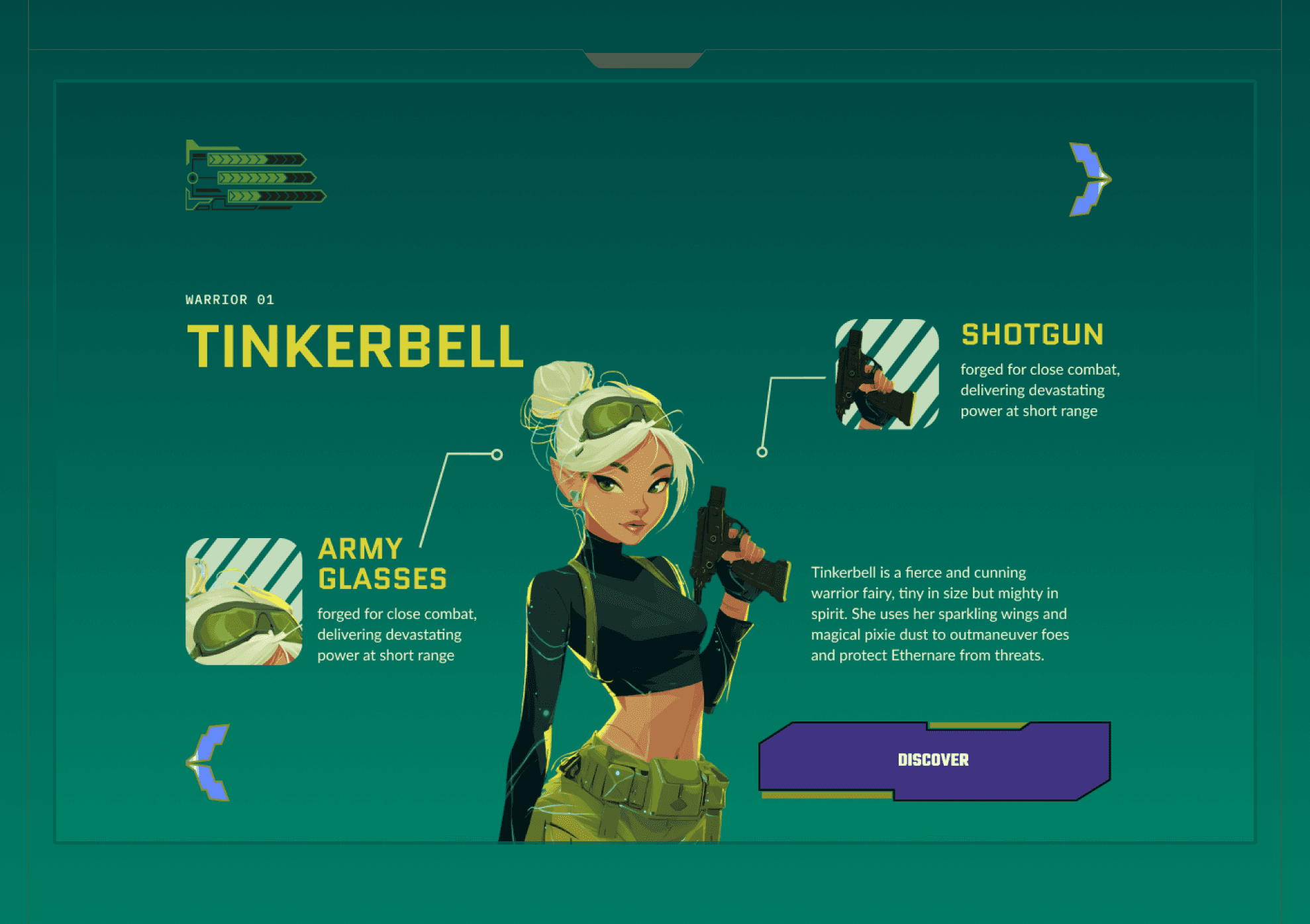 A futuristic, dark green user interface dashboard showcasing a character concept for 'Tinkerbell,' labeled 'WARRIOR 01.' In the center is an anime-style illustration of Tinkerbell with blonde hair, a high ponytail, and futuristic green tactical gear holding a sci-fi weapon. The dashboard features technical pointer lines highlighting character equipment modules, including 'Army Glasses' and a 'Shotgun' built for close combat. On the right, a character biography paragraph describes her as a fierce and cunning warrior defending 'Ethernare,' positioned directly above a purple interactive 'Discover' button.