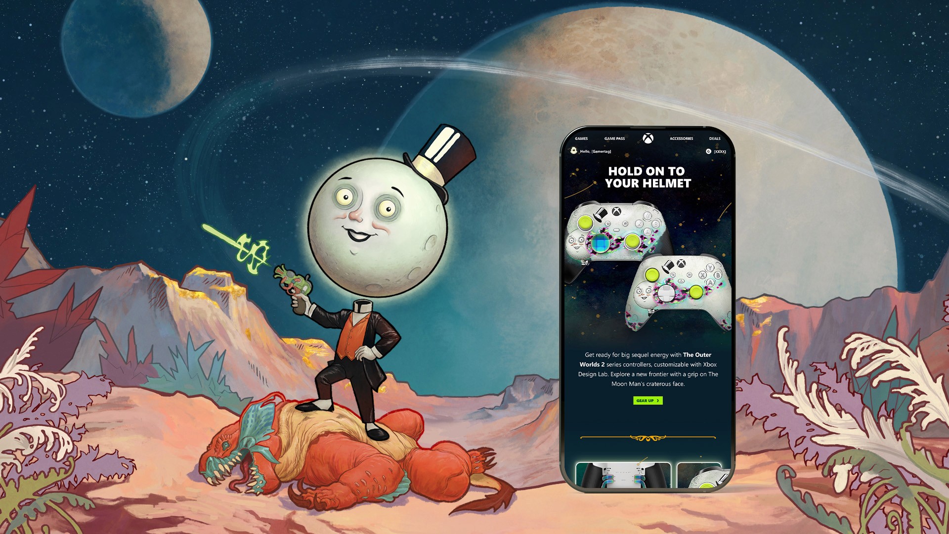 Xbox email for mobile featuring Outer Worlds 2, beside a rendering of the Moon Man character