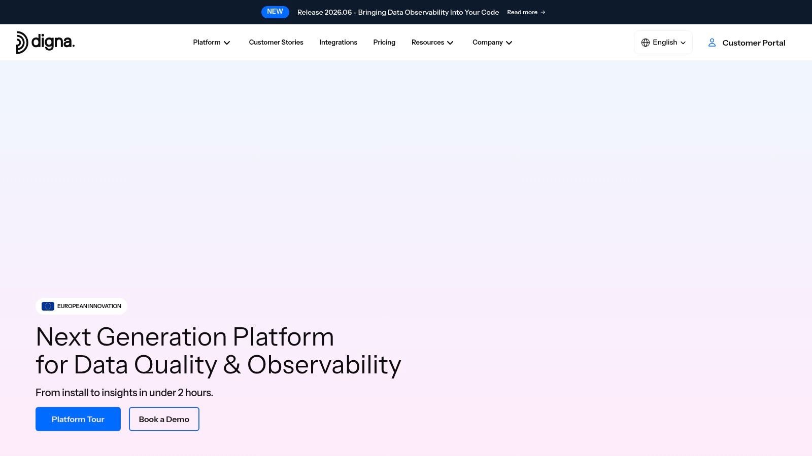 Digna website homepage featuring a banner about data observability and a headline for their data quality platform.